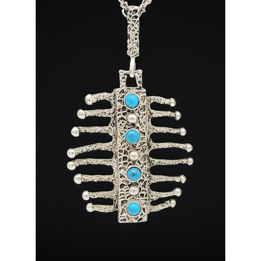 Vintage HMS Madeira Brutalist “Drippy” Pewter & Turquoise Pendant Necklace 1960s